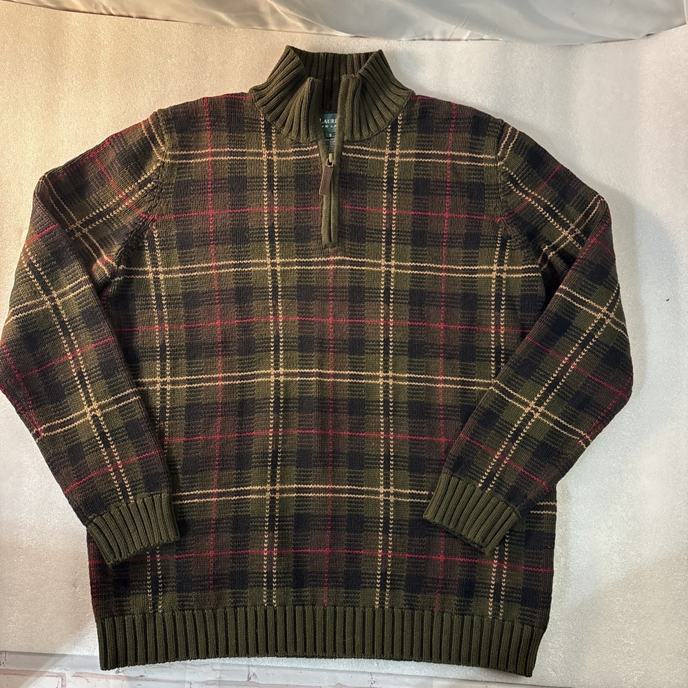 Lauren Ralph Lauren Sweater Y2K Classic 1/4 Zip‎ Cotton Knit Plaid Green Small